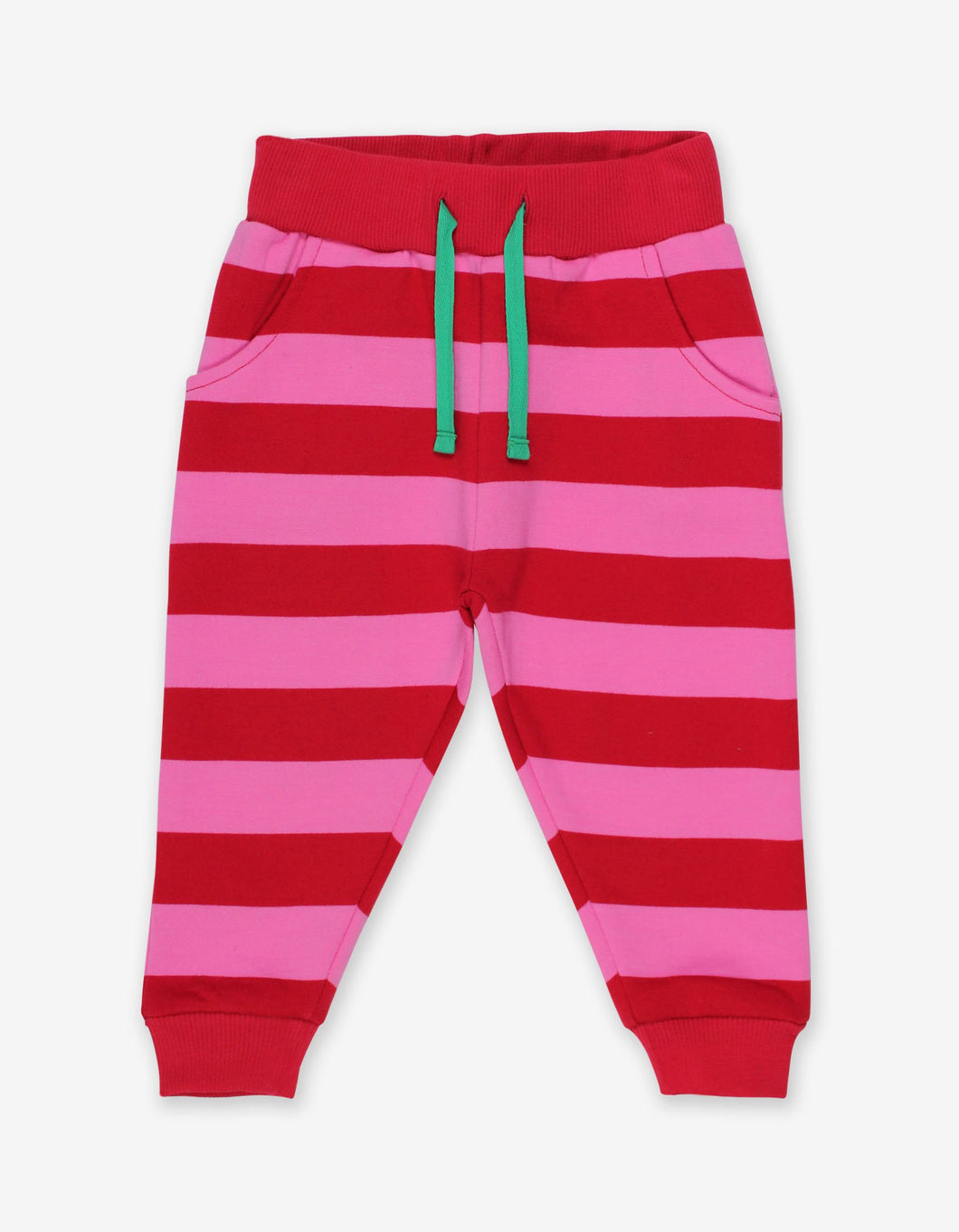 Striped baby pants made from organic cotton, pink and red stripes