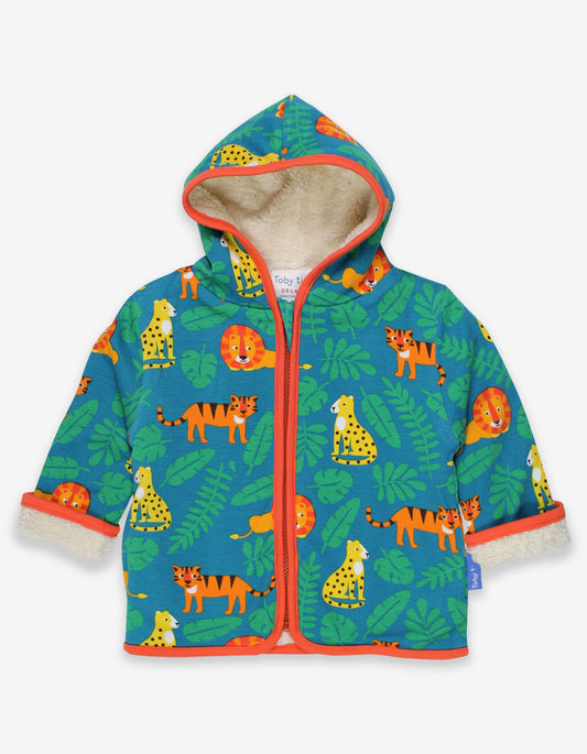 Baby jacket, hoodie, lined with fleece made from organic cotton with big cats