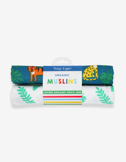 Organic cotton muslin cloth 2 pack with jungle pattern