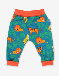 Baby trousers with a big cat print made from organic cotton
