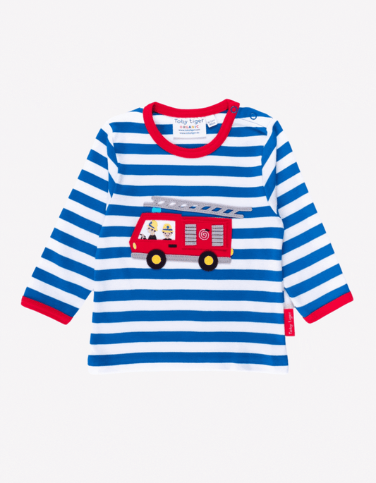 Organic cotton long-sleeved shirt with fire engine applications