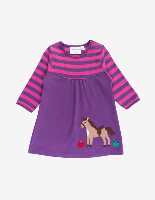 Long-sleeved organic dress with horse appliqué