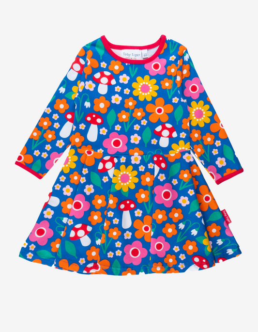 Organic cotton dress in skater cut with flower pattern and mushroom applications