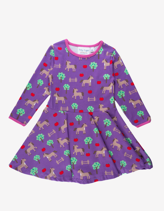 Organic cotton dress with skater cut and horse print