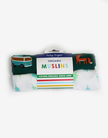 Organic cotton muslin diapers in a double pack with a camping bus print