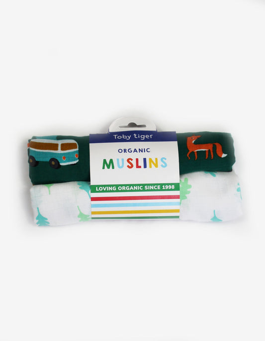Organic cotton muslin cloths, pack of 2, with a camper van print