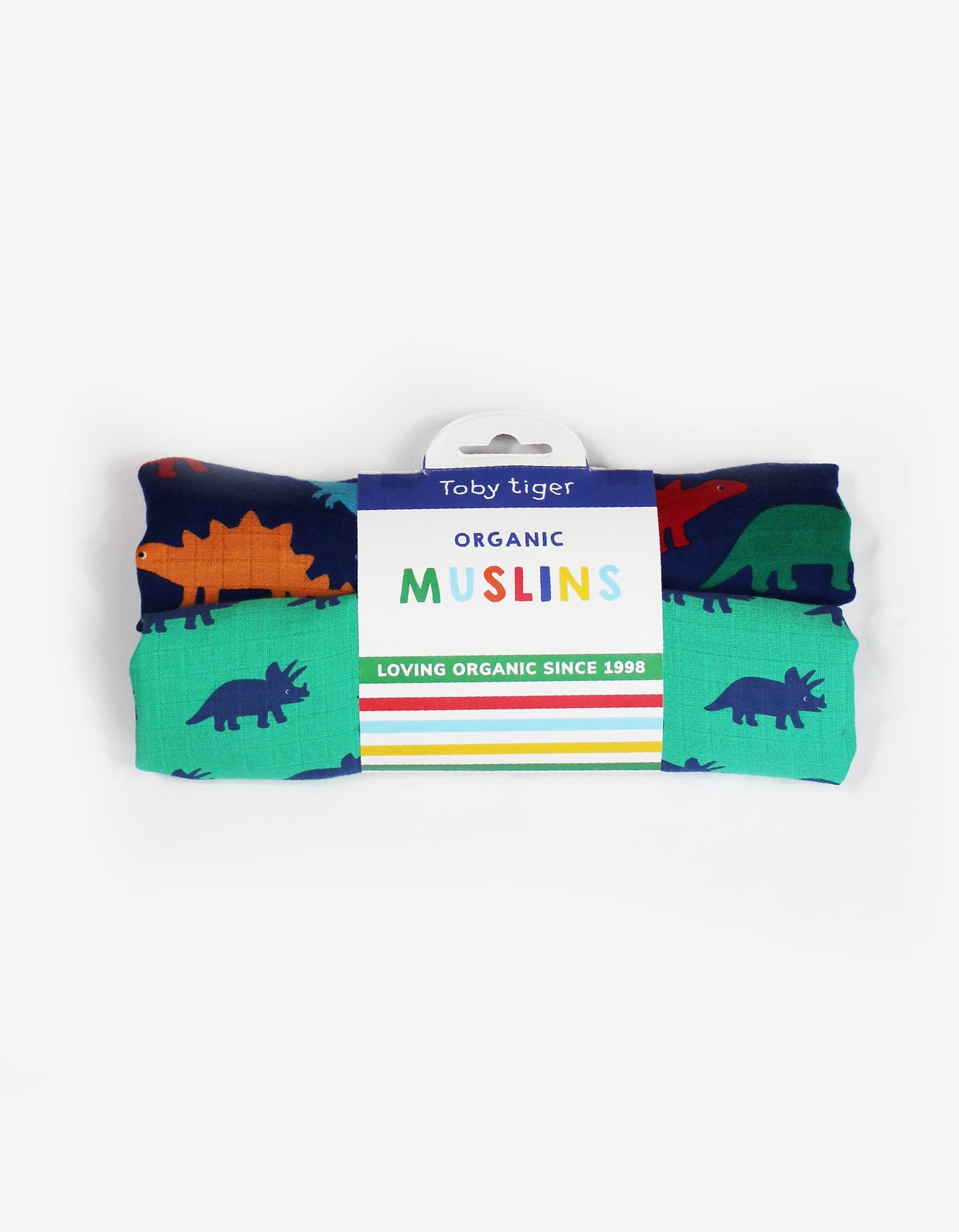 Pack of 2 organic cotton muslin diapers with a colorful rainbow dinosaur print