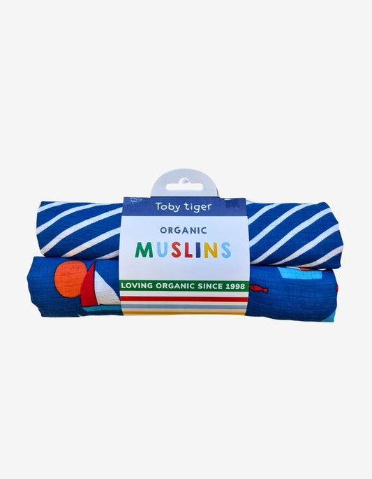 Pack of 2 organic cotton muslin cloths with sailboat motif