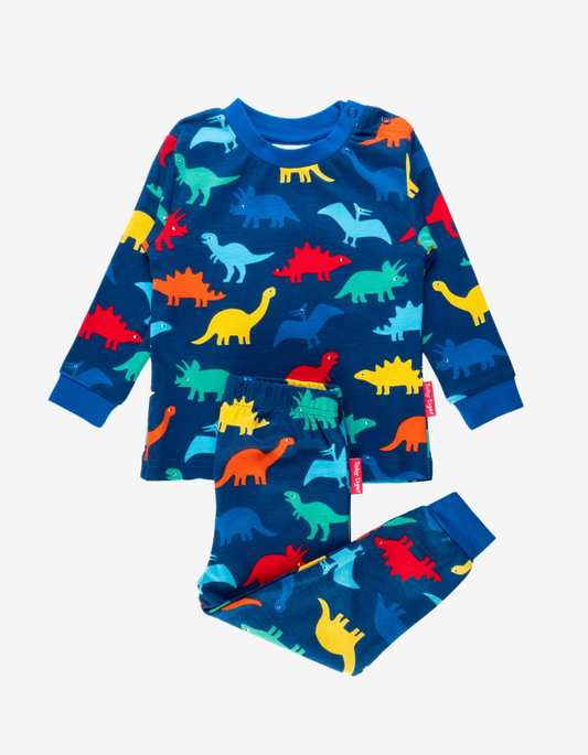 Organic cotton pajamas with colorful rainbow dinosaur print