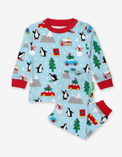 Bio-Baumwoll Kinder Schlafanzug langarm mit Weihnachtspinguin-Druck