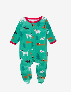 One-piece suit with "Christmas Dog" print made from organic cotton